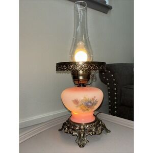 VTG pink Milk Brass Base & Ornate Accents Hurricane Lamp Casting Victorian 3 Way